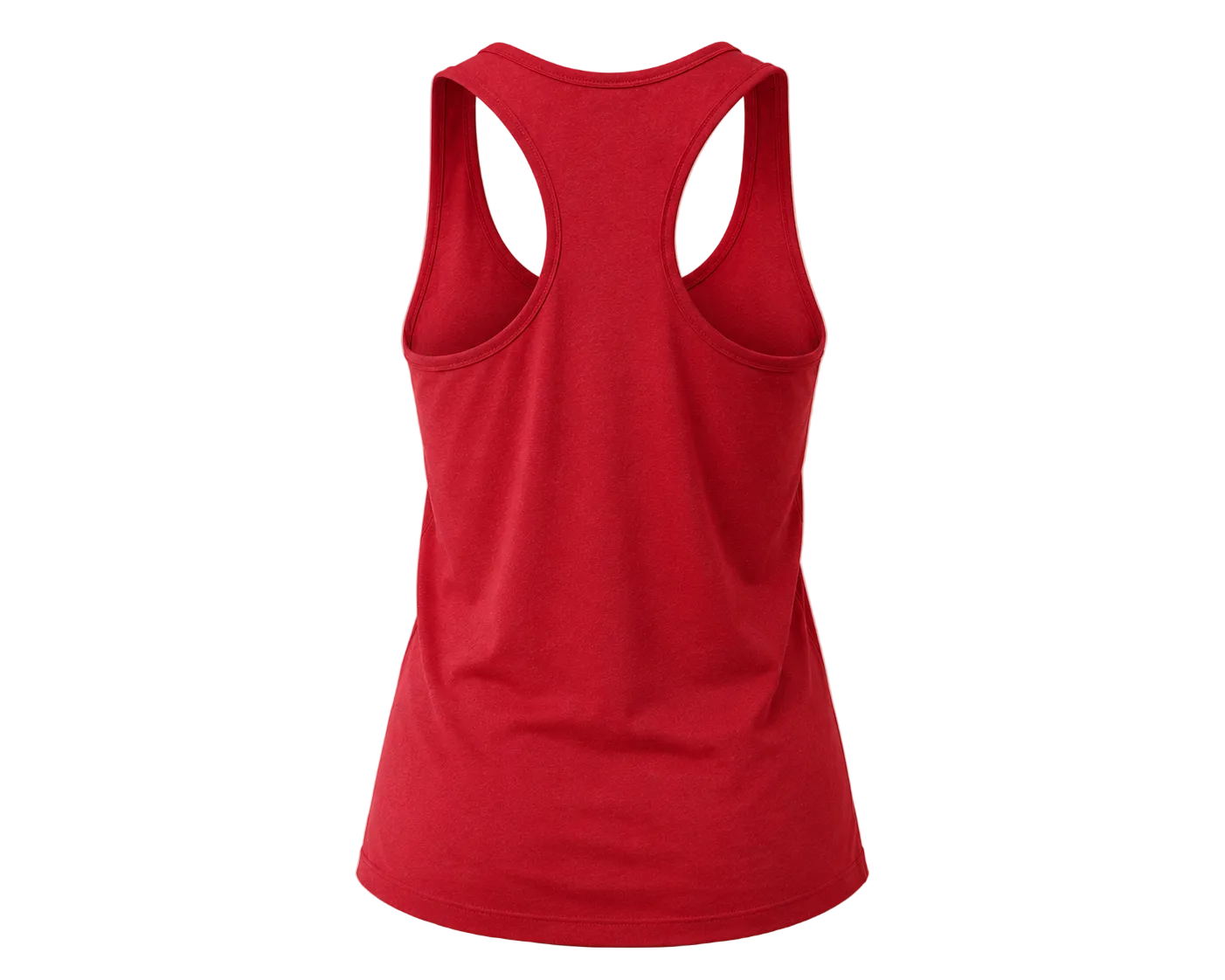 A red racerback tank top shown from the back on a solid beige background.