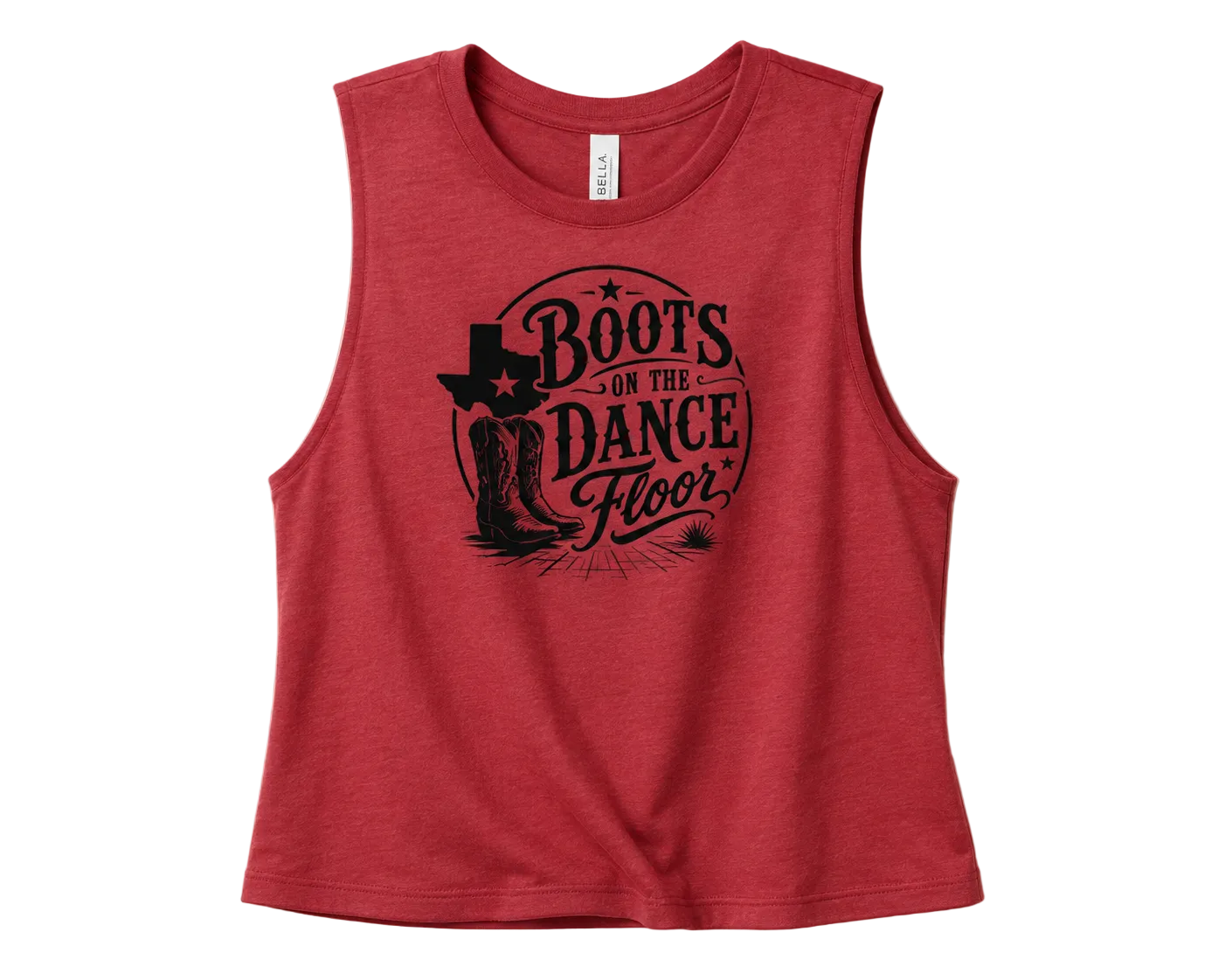 A sleeveless heather red crop top featuring a black graphic print on the front that reads 'Boots on the Dance Floor' with a cowboy boot and Texas-shaped star design, displayed flat against a light beige background.