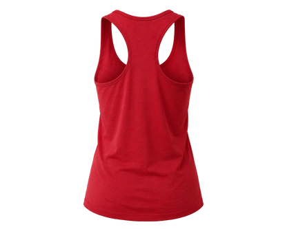 A red racerback tank top shown from the back on a solid beige background.
