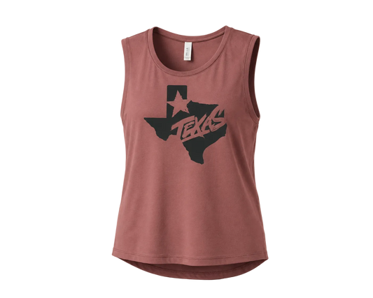 A sleeveless dusty rose tank top featuring a black graphic of the state of Texas with the word 'TEXAS' written across it, displayed on a solid beige background.
