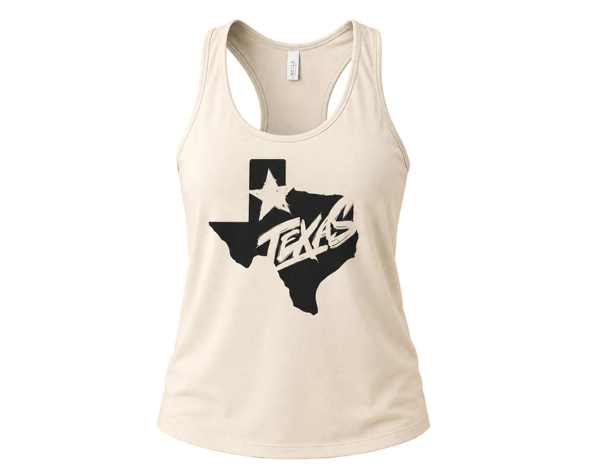 An off-white racerback tank top featuring a black graphic of the state of Texas with a white star and the word 'TEXAS' in a stylized font, displayed against a solid beige background.