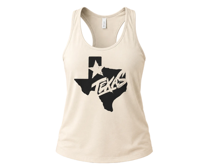 An off-white racerback tank top featuring a black graphic of the state of Texas with a white star and the word 'TEXAS' in a stylized font, displayed against a solid beige background.