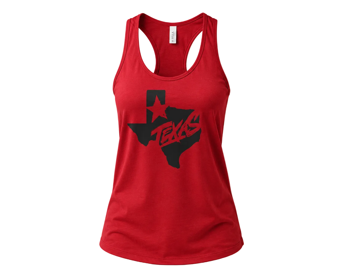 A red racerback tank top with a black Texas state graphic and the word 'TEXAS' printed on the front, displayed against a solid beige background.