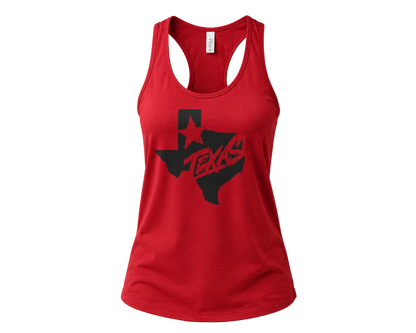 A red racerback tank top with a black Texas state graphic and the word 'TEXAS' printed on the front, displayed against a solid beige background.